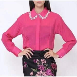 NWT Gracia Pink Fuchsia Button-Down Blouse w/ Pearl Beaded Collar Sz S
